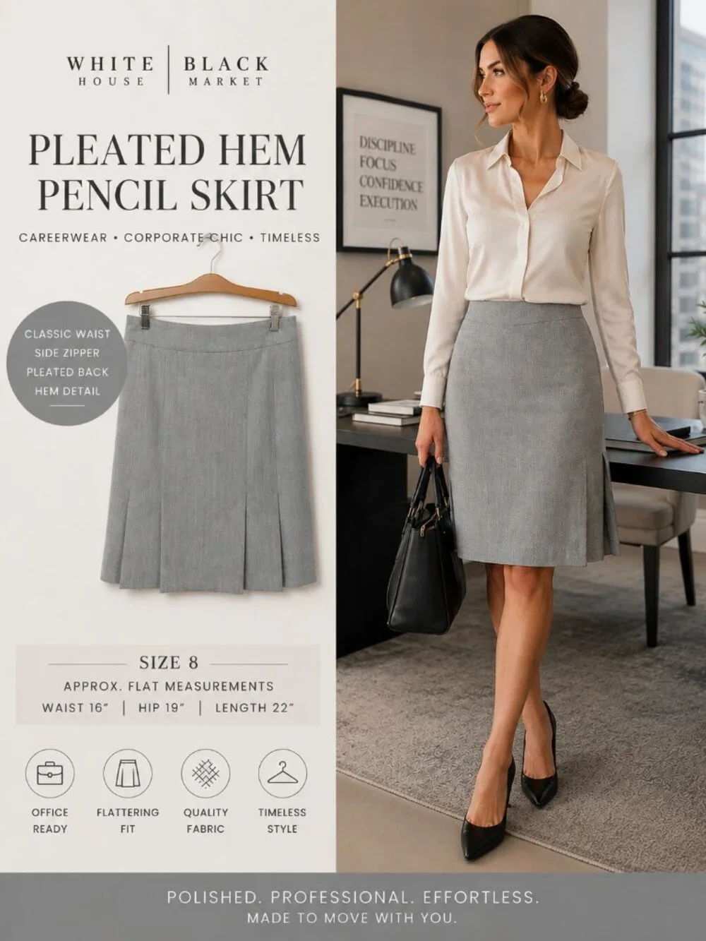WHBM Gray Pleated Hem Pencil Skirt Corporate Chic Size 8